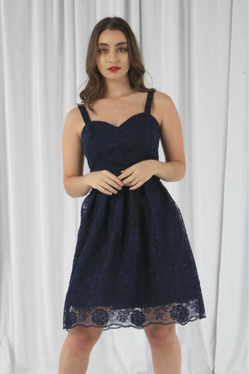Navy Embroidered Lace Skater Dress Double Second